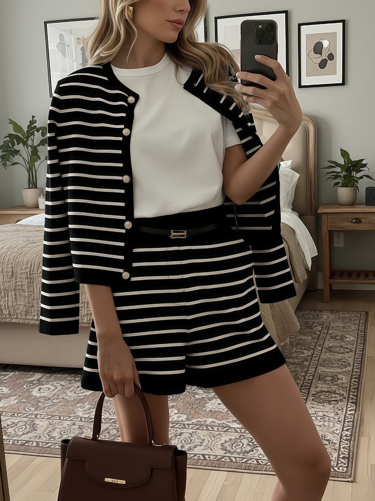 Black Elegant Women's Striped Blend Tweed Jacket & Knit Shorts 2-Piece Set